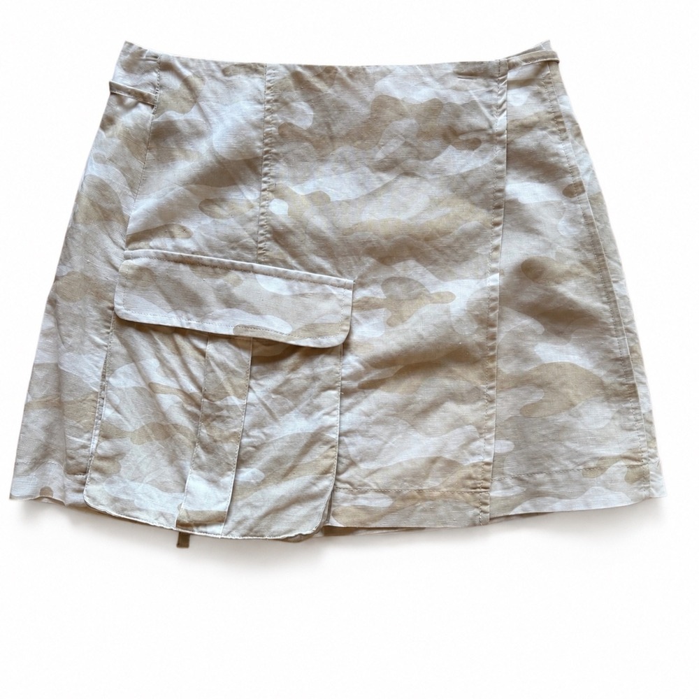 Zara Women Tan Camo Linen Blend Wrap Mini Skirt Cargo Pocket Neutral XS